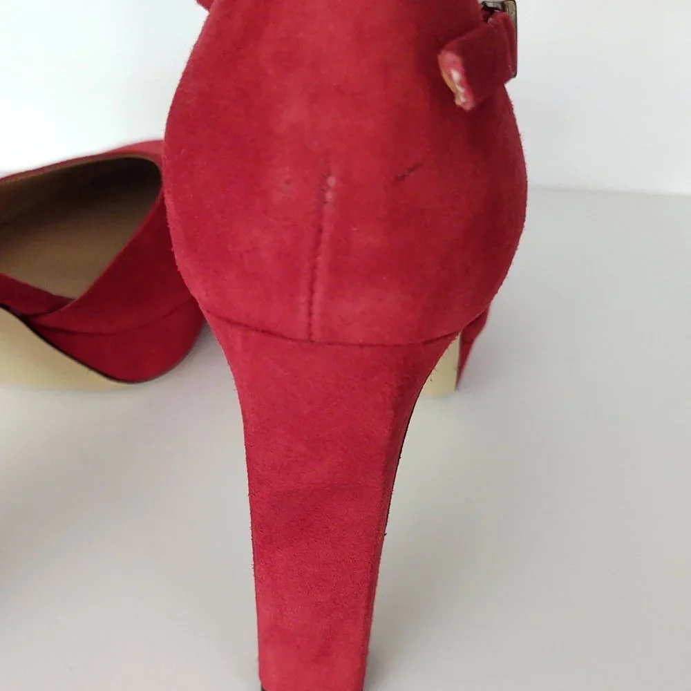 Crimson red suede ankle strap platform pump